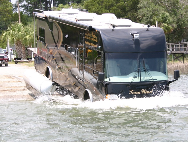 The Terra Wind Motorhome bipolar vehicle can move on land and in water