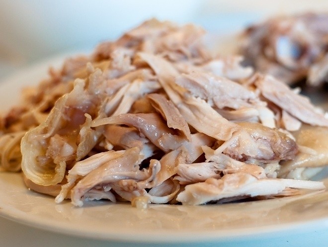 Chicken can be shredded or cut into long, bite-sized pieces.