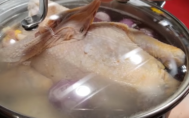 Bring the chicken to a boil with a pot of bone broth.
