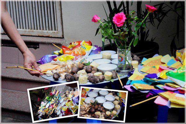 Offerings to sentient beings must be made outdoors, placed in front of the main door of the house.