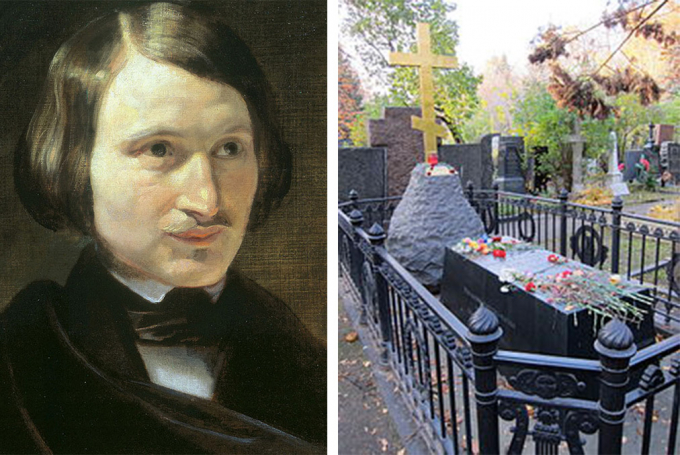 Portrait of writer Nikolai Vasilievits Gogol and his grave.